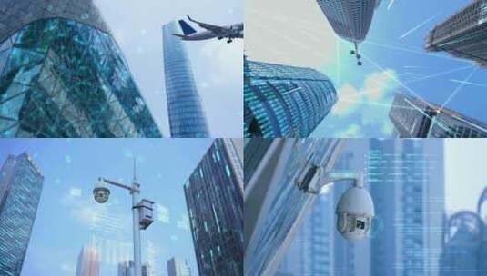 飞机飞过城市上空 城市安防摄像头高清在线视频素材下载