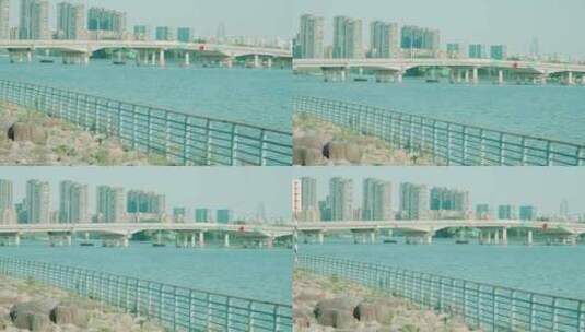 在宁波双古渡公园拍甬江和华辰大桥城市风光高清在线视频素材下载