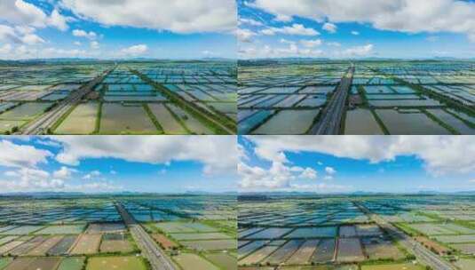4k广东珠海养殖鱼塘蓝天白云航拍延时高清在线视频素材下载