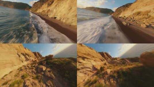 FPV穿越机无人机航拍海浪冲击海滩海岛日落高清在线视频素材下载
