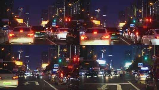 城市夜景开车行驶第一视角夜晚下班驾驶汽车高清在线视频素材下载