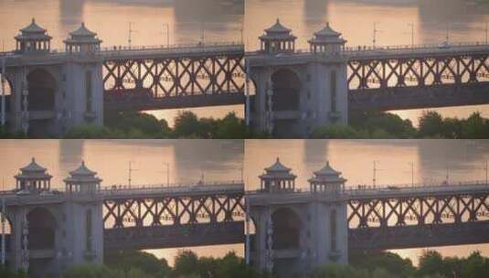 武汉市长江大桥同时通过汽车和火车高清在线视频素材下载