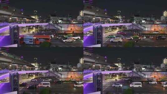 东南亚泰国曼谷网红天桥拥挤的车流和人流高清在线视频素材下载