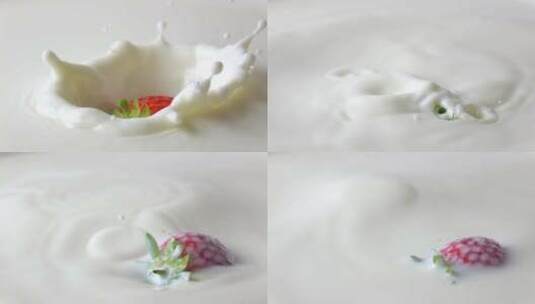 草莓落入牛奶慢镜头特写高清在线视频素材下载