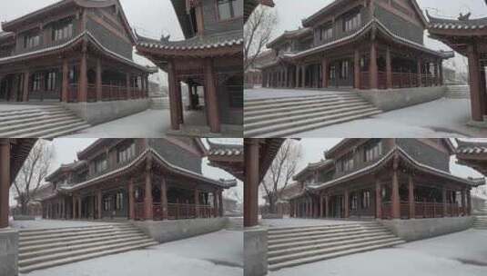 古建筑庭院飘雪花小雪场景素材高清在线视频素材下载