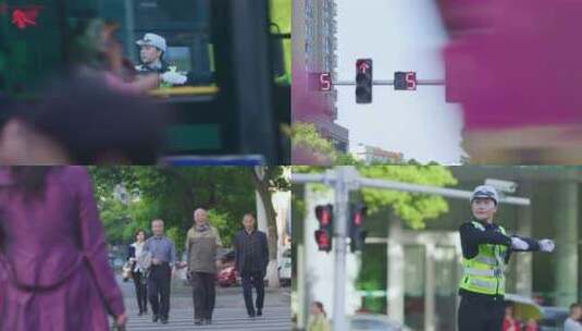 十字路口女交警指挥交通 平安出行 红绿灯高清在线视频素材下载
