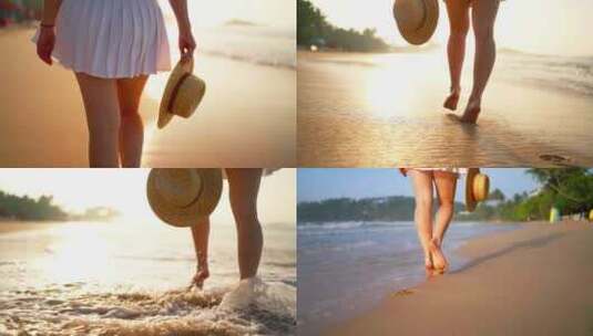 比基尼美女海边沙滩漫步奔跑玩乐度假高清在线视频素材下载