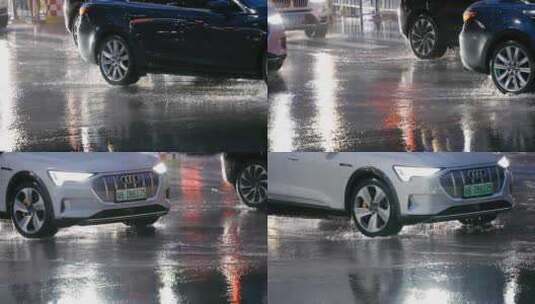 升格汽车行驶过积水的道路高清在线视频素材下载