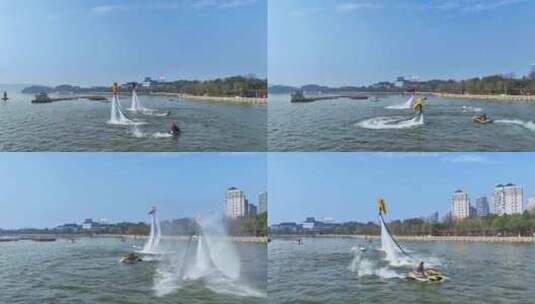 水上飞人舞狮表演航拍素材高清在线视频素材下载