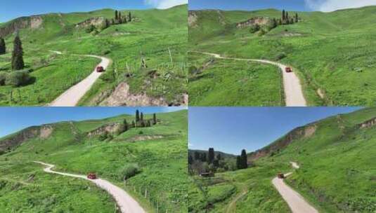 越野车行驶在新疆伊犁夏塔环线的泥土路上高清在线视频素材下载