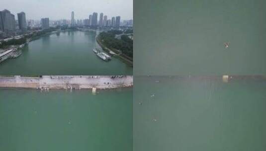 河流冬泳体育锻炼航拍高清在线视频素材下载