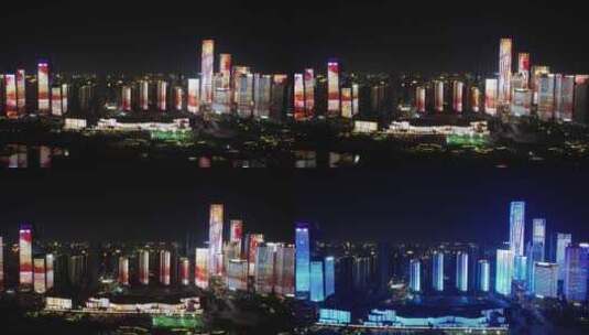 湖南长沙金融中心夜景灯光航拍高清在线视频素材下载