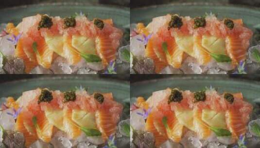 碎冰烟熏三文鱼配菠萝和鱼子酱高清在线视频素材下载