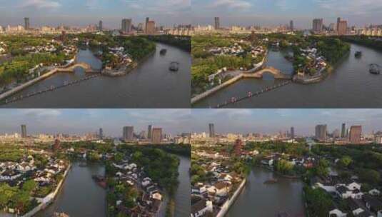 京杭运河苏州段枫桥夜泊夜景（航拍运镜）高清在线视频素材下载