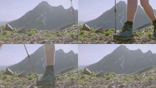 特写一对爬山夫妇的双脚高清在线视频素材下载