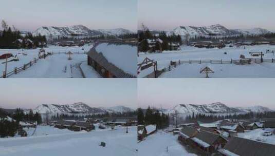 航拍新疆冬季喀纳斯河流晨雾雪山森林雪景高清在线视频素材下载