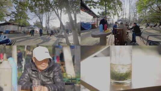 「有版权」原创早上公园喝茶的人群合集4K高清在线视频素材下载