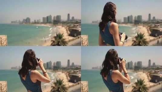 4K - 美女旅拍-女孩用相机拍摄城市风光高清在线视频素材下载