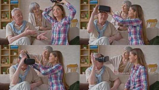 年轻女子向祖父解释虚拟现实科技高清在线视频素材下载