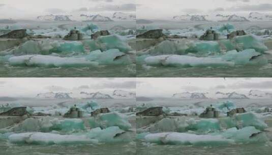 冰山和北极燕鸥在冰岛泻湖的河流上飞翔高清在线视频素材下载