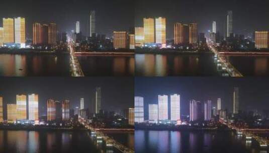 湖南长沙湘江橘子洲城市夜景灯光秀航拍高清在线视频素材下载