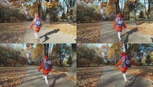 女生在秋天的公园奔跑高清在线视频素材下载