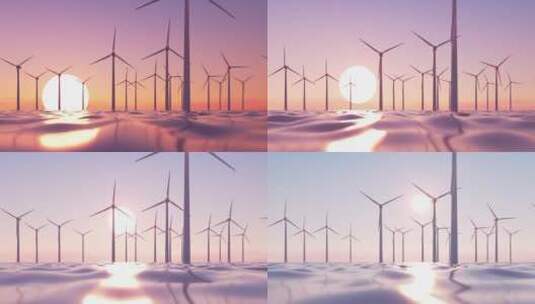 夕阳下海上风力发电场三维特效高清在线视频素材下载