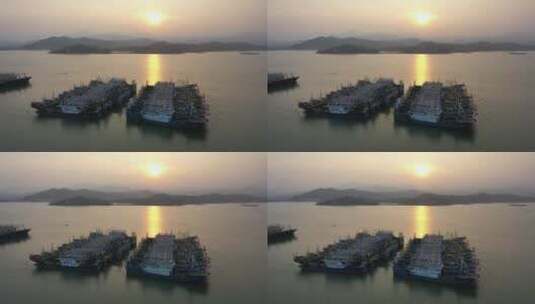 4K拍摄港口的渔船休渔夕阳下的休息的渔船高清在线视频素材下载