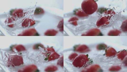 草莓落入水中的慢镜头拍摄高清在线视频素材下载