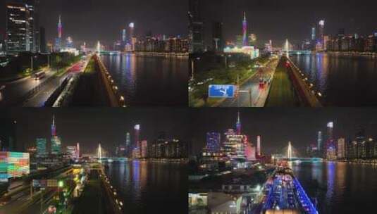 广州珠江畔夜景航拍高清在线视频素材下载