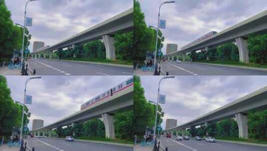广州南沙地铁进站的地铁高架桥上高清在线视频素材下载