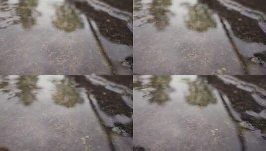 雨水落在路面水坑中的特写镜头高清在线视频素材下载