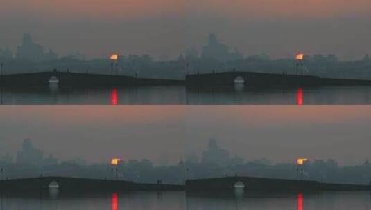 杭州城市西湖白堤清晨日出空镜高清在线视频素材下载