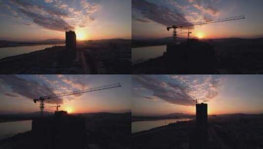 【原创】夕阳下塔吊城市建设工地施工高清在线视频素材下载