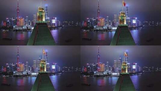 4K航拍上海和平饭店绿尖顶 外滩夜景高清在线视频素材下载