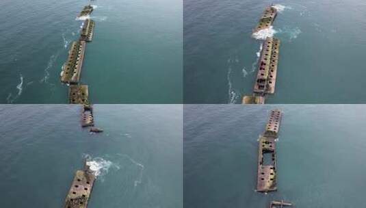 航拍二战桑树港海洋废墟高清在线视频素材下载