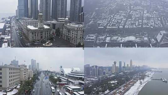 4k武汉江汉关江滩雪景航拍高清在线视频素材下载