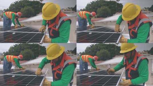 工程师维修太阳能光伏板高清在线视频素材下载