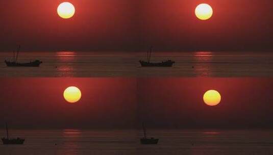 威海西海岸日落湾海上渔船落日夕阳高清在线视频素材下载