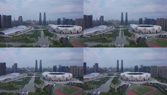杭州亚运会馆奥体中心体育场游泳馆航拍高清在线视频素材下载