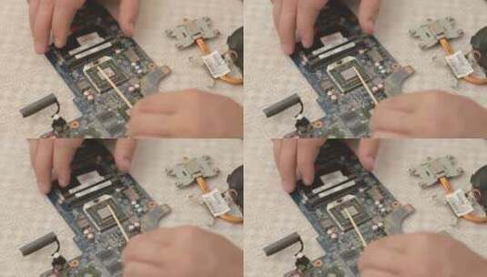 技师手修理笔记本电脑冷却系统的特写镜头高清在线视频素材下载