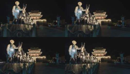 【延时】古城楼马帮雕塑夜景高清在线视频素材下载