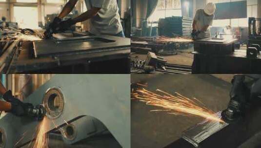 金属铸造车间工人使用角磨机打磨场景高清在线视频素材下载