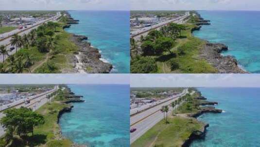 汽车沿着圣多姆加勒比海岩石海岸线行驶在美洲汽车上高清在线视频素材下载