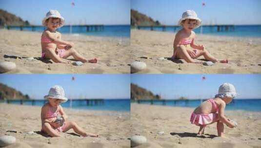 在沙滩上玩耍的小女孩高清在线视频素材下载