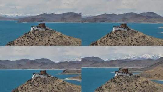 西藏山南羊卓雍措景区日托寺航拍高清在线视频素材下载