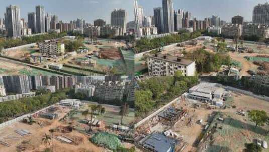 航拍福州白马河旁建筑工地高清在线视频素材下载