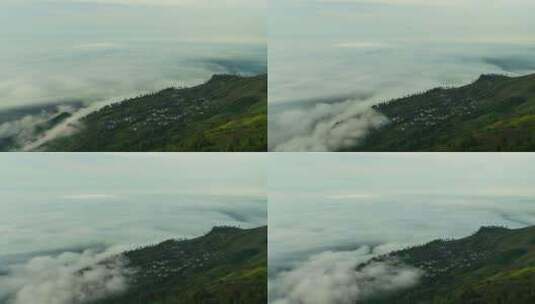 雾在山上的村庄上方移动高清在线视频素材下载