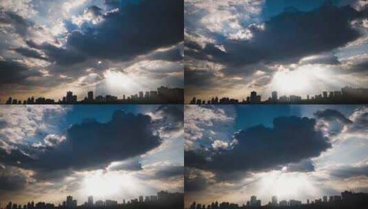 城市建筑群耶稣光丁达尔光风起云涌天空乌云高清在线视频素材下载