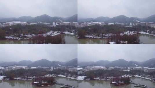 浙江农林大学冬季唯美雪景风景航拍高清在线视频素材下载